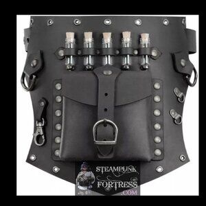 BLACK BAG PURSE LEATHER THIGH HOLSTER FOR BELT SILVER D RINGS VIALS CLASPS ADJUS